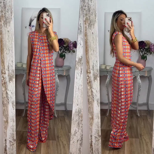 Tweedelige Damesoutfit Met Split Top – Luchtige Zomer Set Met Wijde Broek En Print