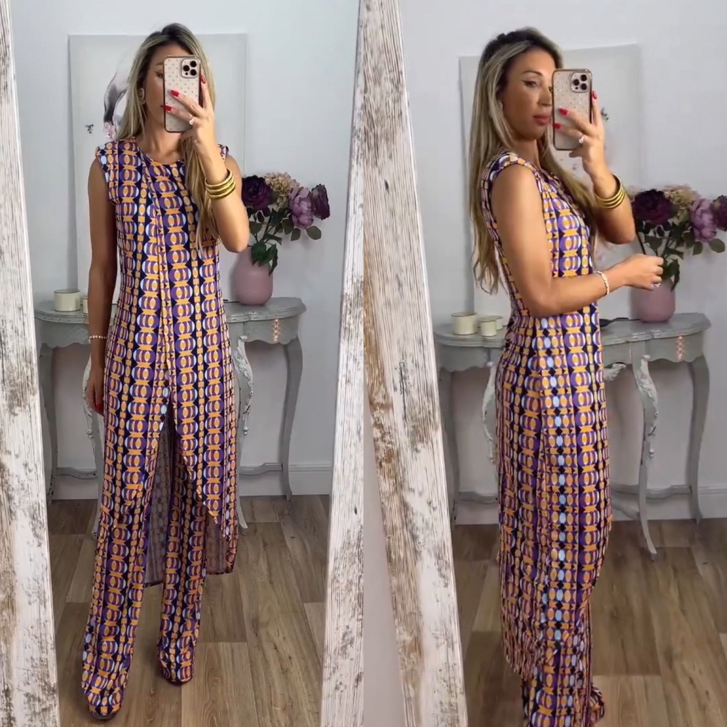 Tweedelige Damesoutfit Met Split Top – Luchtige Zomer Set Met Wijde Broek En Print