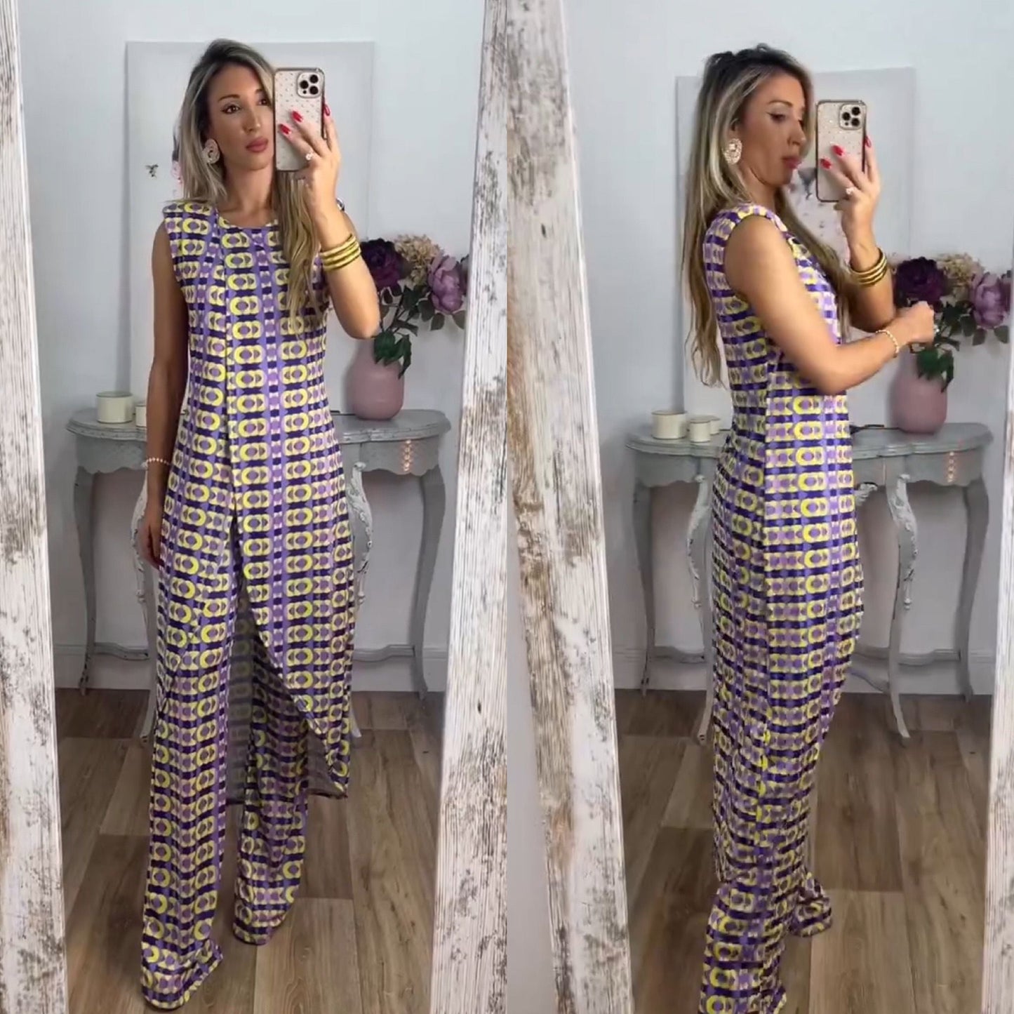 Tweedelige Damesoutfit Met Split Top – Luchtige Zomer Set Met Wijde Broek En Print