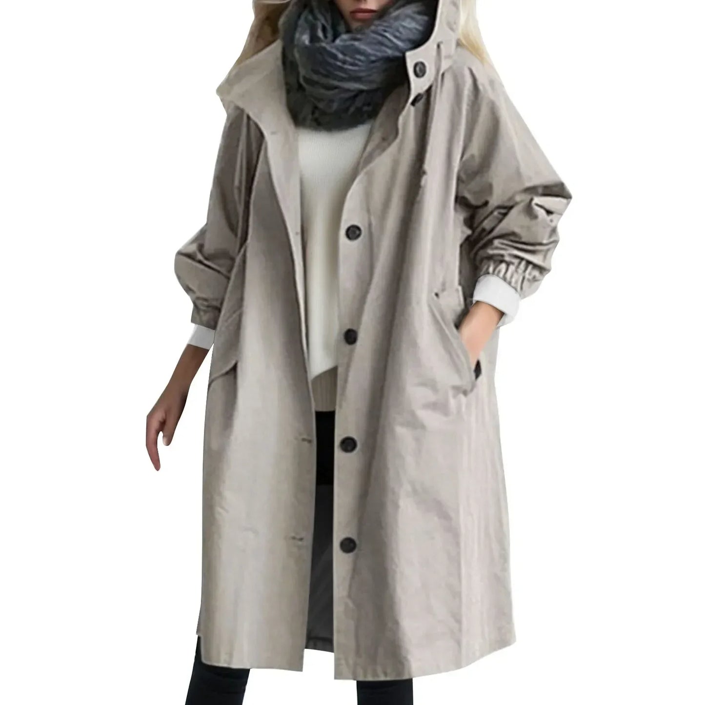 Tijdloze Dames Trenchcoat – Stijlvolle Lange Jas Met Capuchon En Knoopsluiting