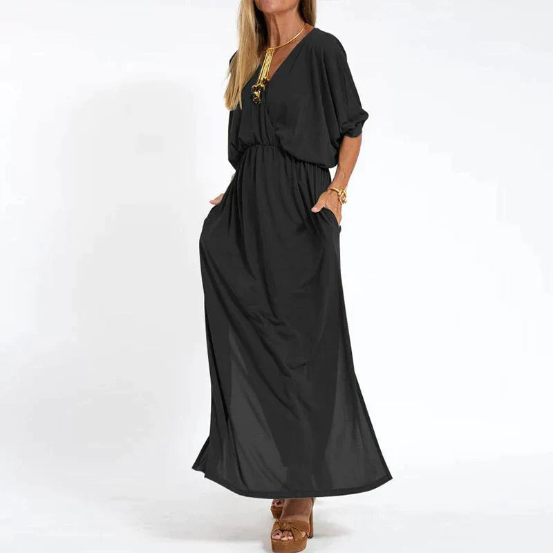 Dames Maxi-Jurk Met V-Hals En Elastische Taille – Lente, Zomer En Nazomer