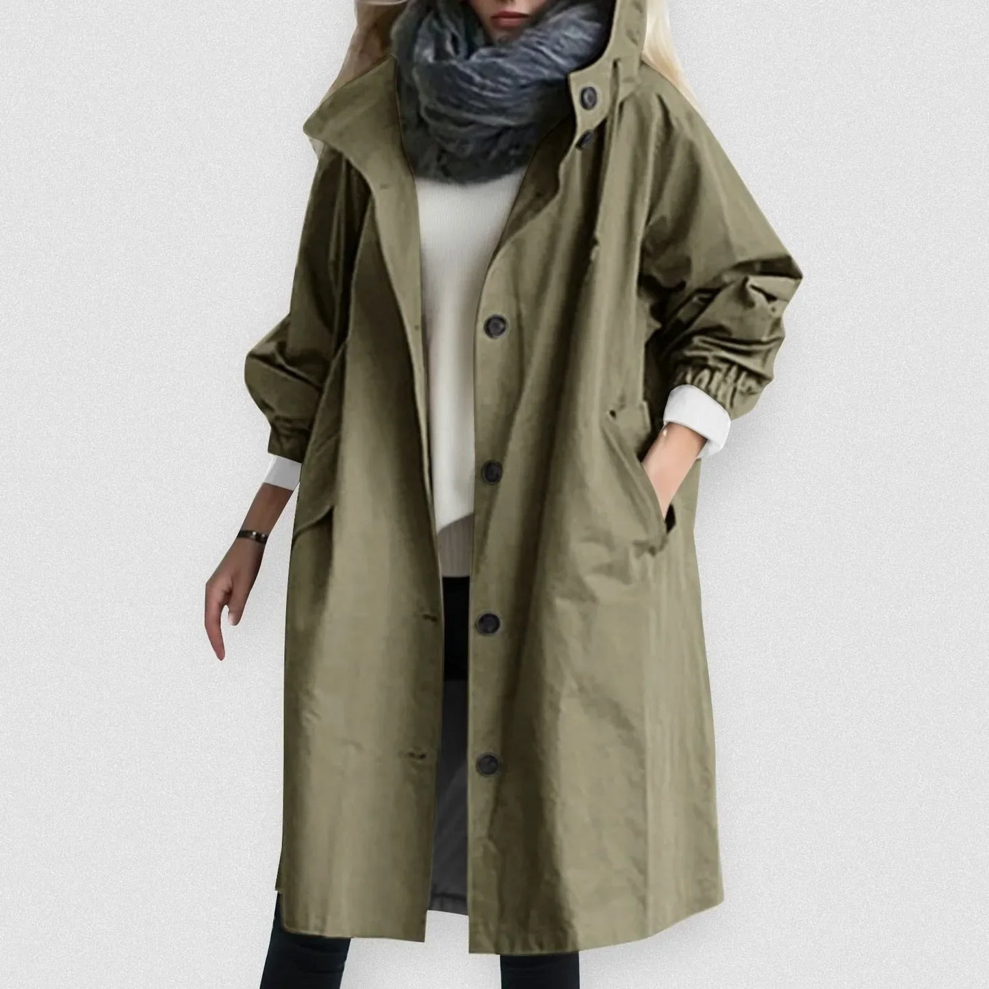 Tijdloze Dames Trenchcoat – Stijlvolle Lange Jas Met Capuchon En Knoopsluiting