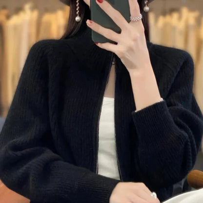 Dames Gebreid Vest Met Ritssluiting En Hoge Kraag