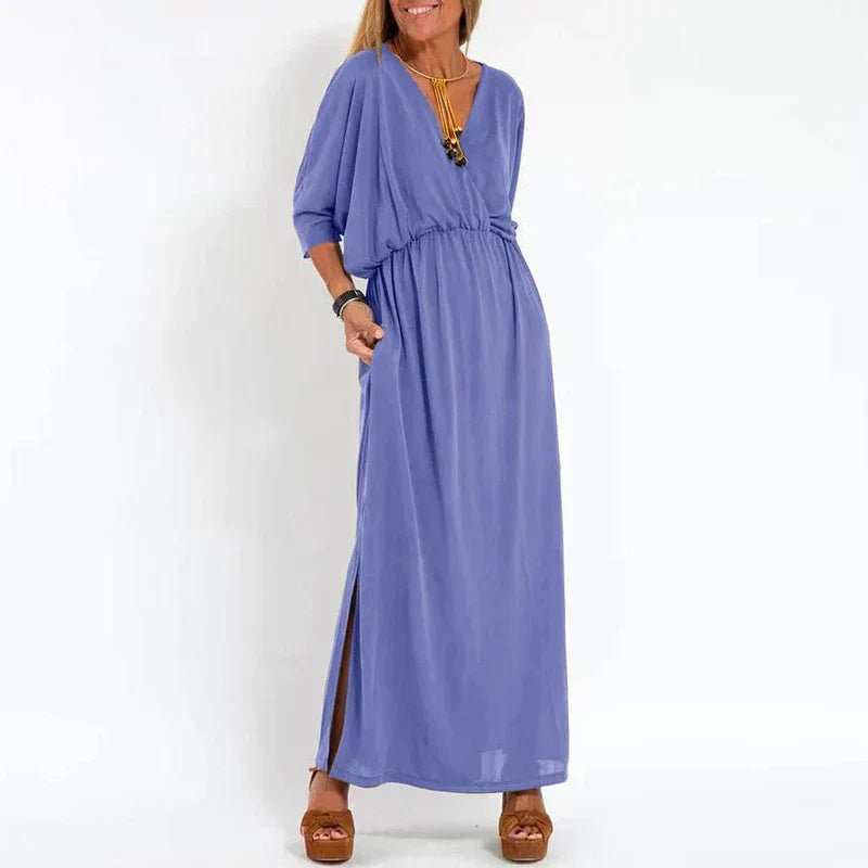 Dames Maxi-Jurk Met V-Hals En Elastische Taille – Lente, Zomer En Nazomer