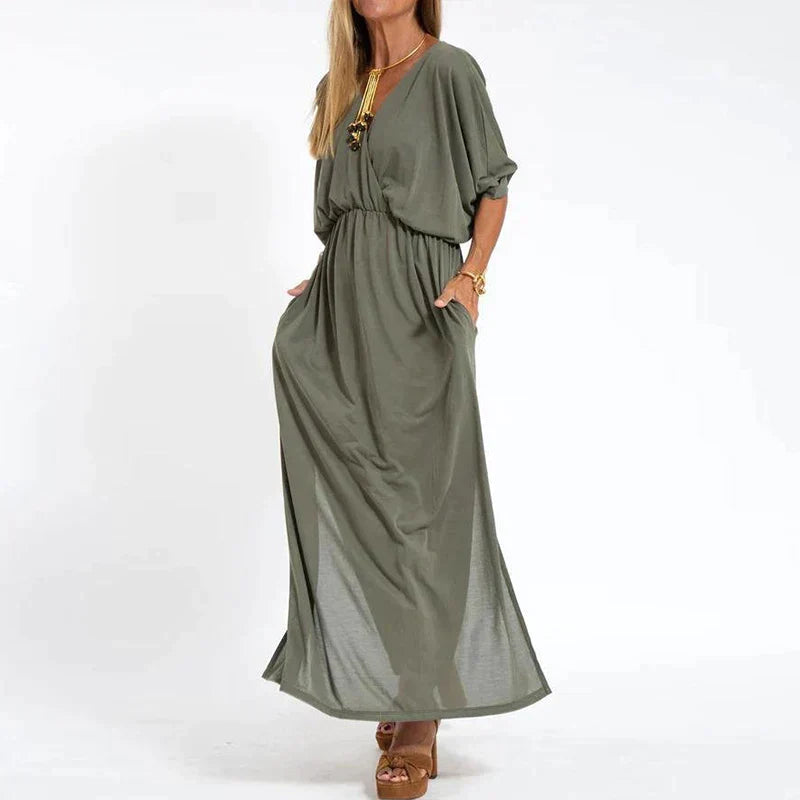 Dames Maxi-Jurk Met V-Hals En Elastische Taille – Lente, Zomer En Nazomer