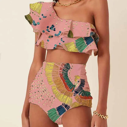One-shoulder bikini met tribal print voor dames – high-waist fit, studs & zomerproof