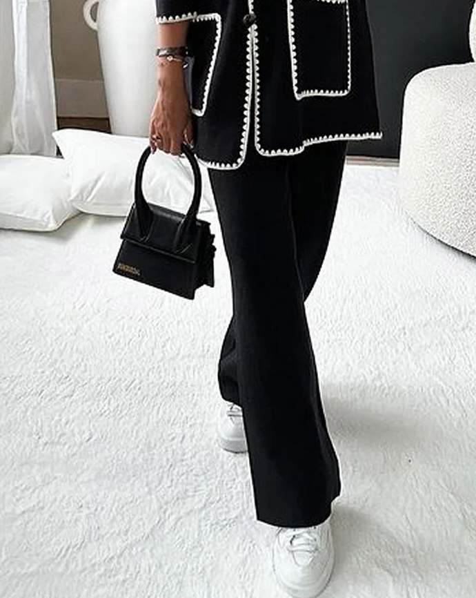 Dames Knit Set Met Contrastafwerking En Rechte Broek – Perfect Voor Herfst, Winter En Vroege Lente