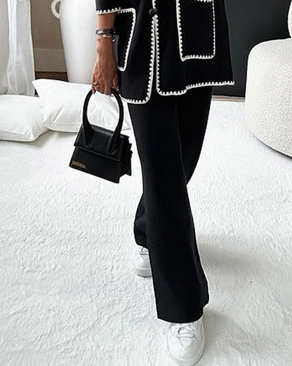 Dames Knit Set Met Contrastafwerking En Rechte Broek – Perfect Voor Herfst, Winter En Vroege Lente