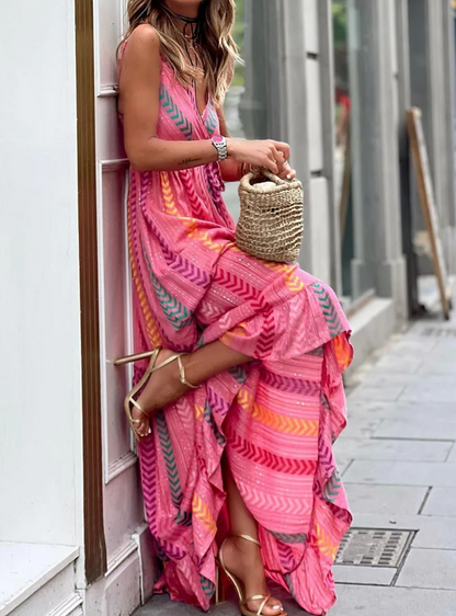 Zomerse Maxi Jurk Voor Dames – Geweven Textuur, Grafisch Patroon & Strikceintuur (Voorjaar, Zomer)