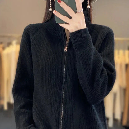 Dames Gebreid Vest Met Ritssluiting En Hoge Kraag