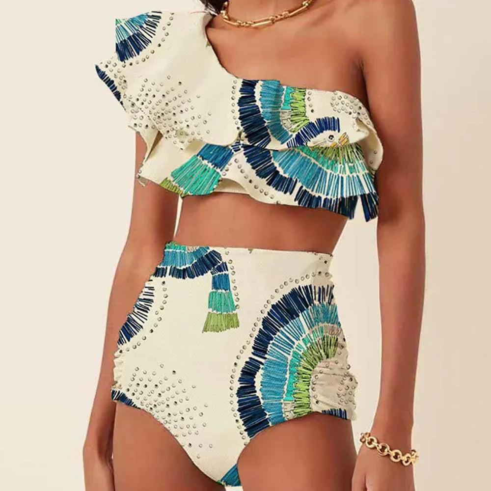 One-shoulder bikini met tribal print voor dames – high-waist fit, studs & zomerproof