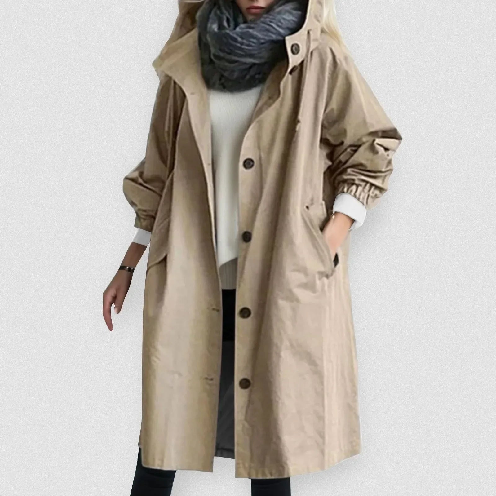 Tijdloze Dames Trenchcoat – Stijlvolle Lange Jas Met Capuchon En Knoopsluiting