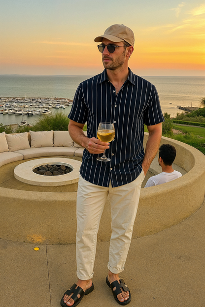 Gestreepte heren set met overhemd en broek – luchtig, stijlvol & veelzijdig voor voorjaar, zomer en herfst