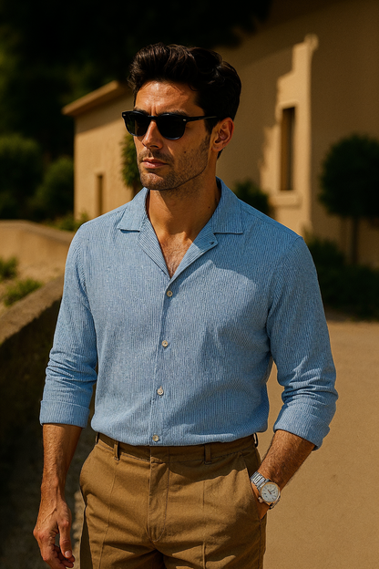 Gestreept Herenshirt Met Lange Mouwen – Open Kraag, Ademend & Voorjaar & Zomer