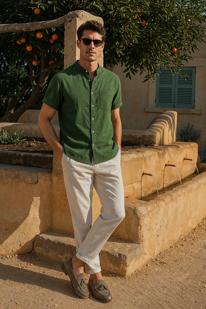 Herenset Met Korte Mouwen En Opstaande Kraag – Ademend, Minimalistisch & Zomerproof