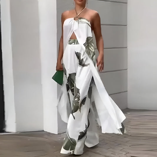 Tropische Dames Set Met Haltertop En Wijde Broek – Chique En Luchtig Voor Zomerse Dagen