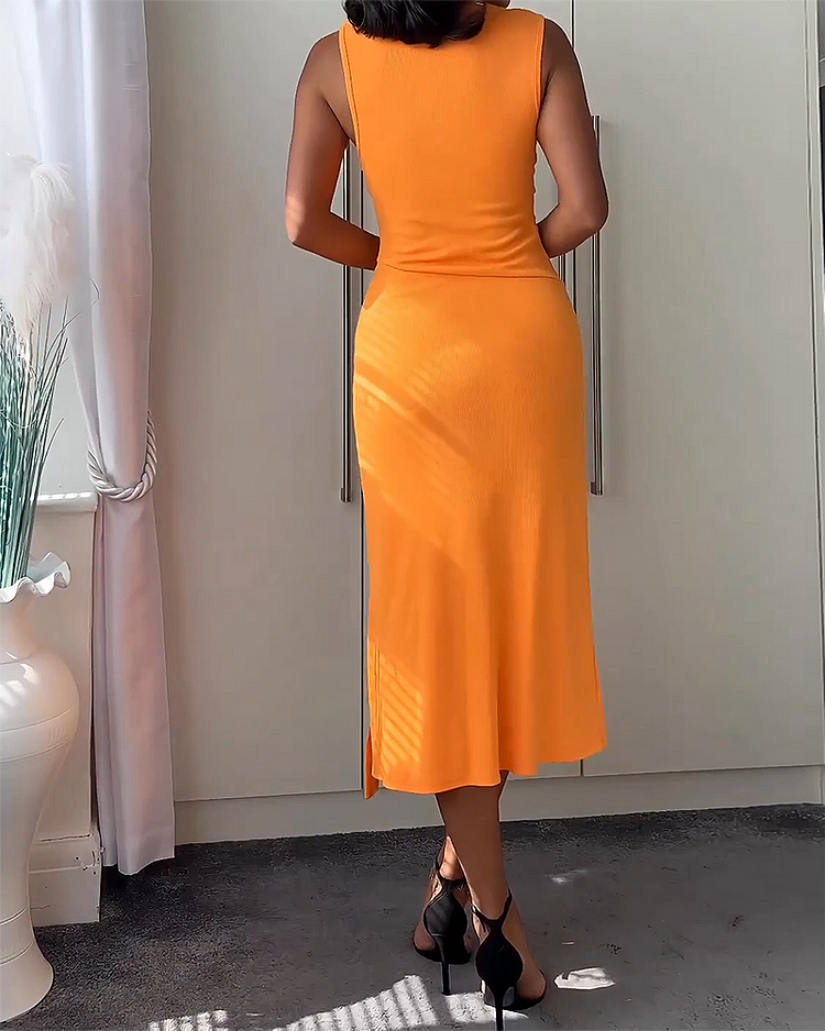 Dames Mouwloze Midi-Jurk Met Hoge Split, Asymmetrische Belijning En Aansluitende Pasvorm – Voor Lente, Zomer En Herfst