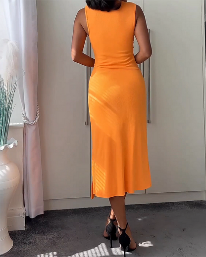 Dames Mouwloze Midi-Jurk Met Hoge Split, Asymmetrische Belijning En Aansluitende Pasvorm – Voor Lente, Zomer En Herfst