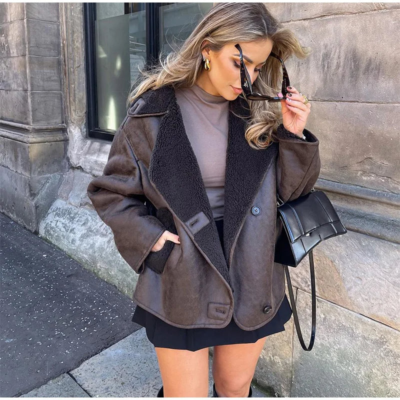 Korte Dames Teddy Jas Donkerbruin Leer