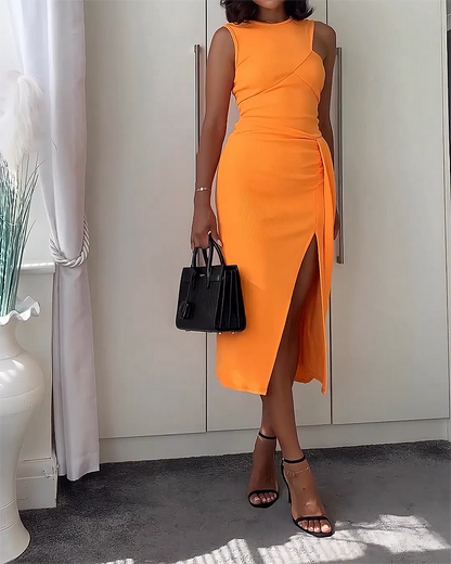 Dames Mouwloze Midi-Jurk Met Hoge Split, Asymmetrische Belijning En Aansluitende Pasvorm – Voor Lente, Zomer En Herfst