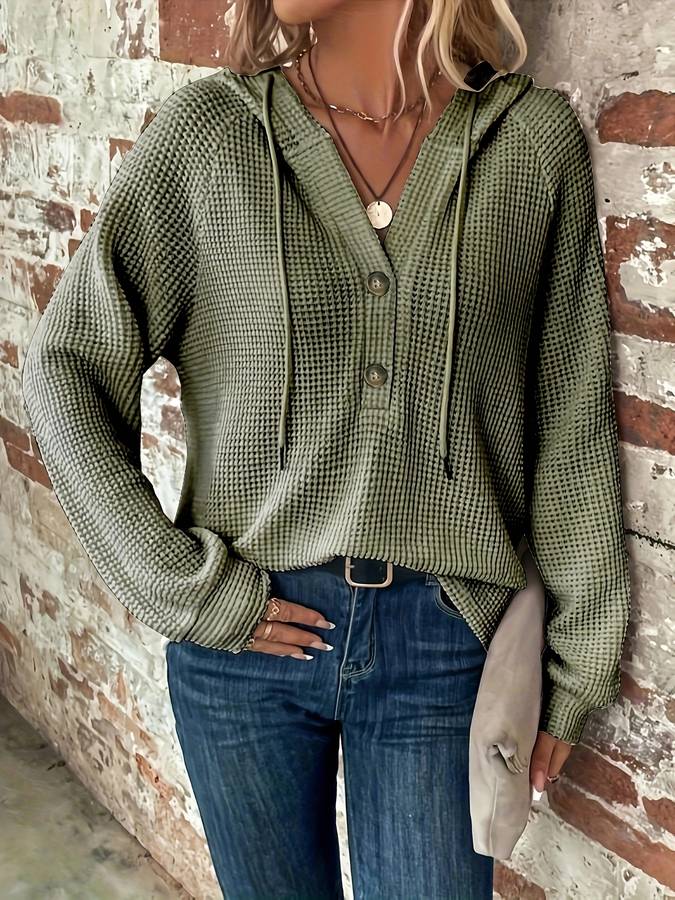 Gebreide Dameshoodie Met Knoopsluiting – Relaxte Essential Voor Najaar En Vroege Lente