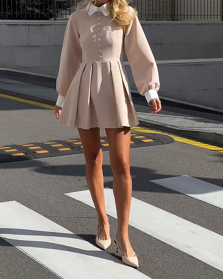 Dames Mini-Jurk Met Plissérok, Kraag En Lange Mouwen – Voor Herfst, Winter En Lente
