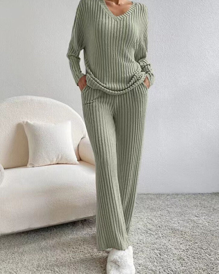 Geribde Dames Lounge Set Met V-Hals Top En Rechte Broek – Herfst, Winter En Voorjaar