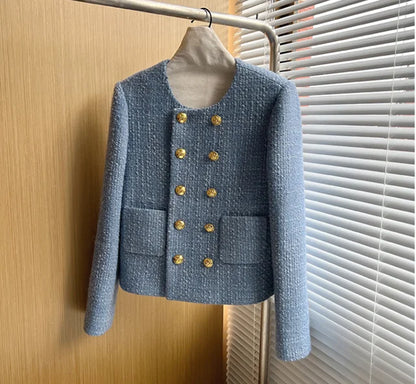 Chique Cropped Damesjasje – Elegant Kort Jasje Met Gouden Knopen En Structuurstof