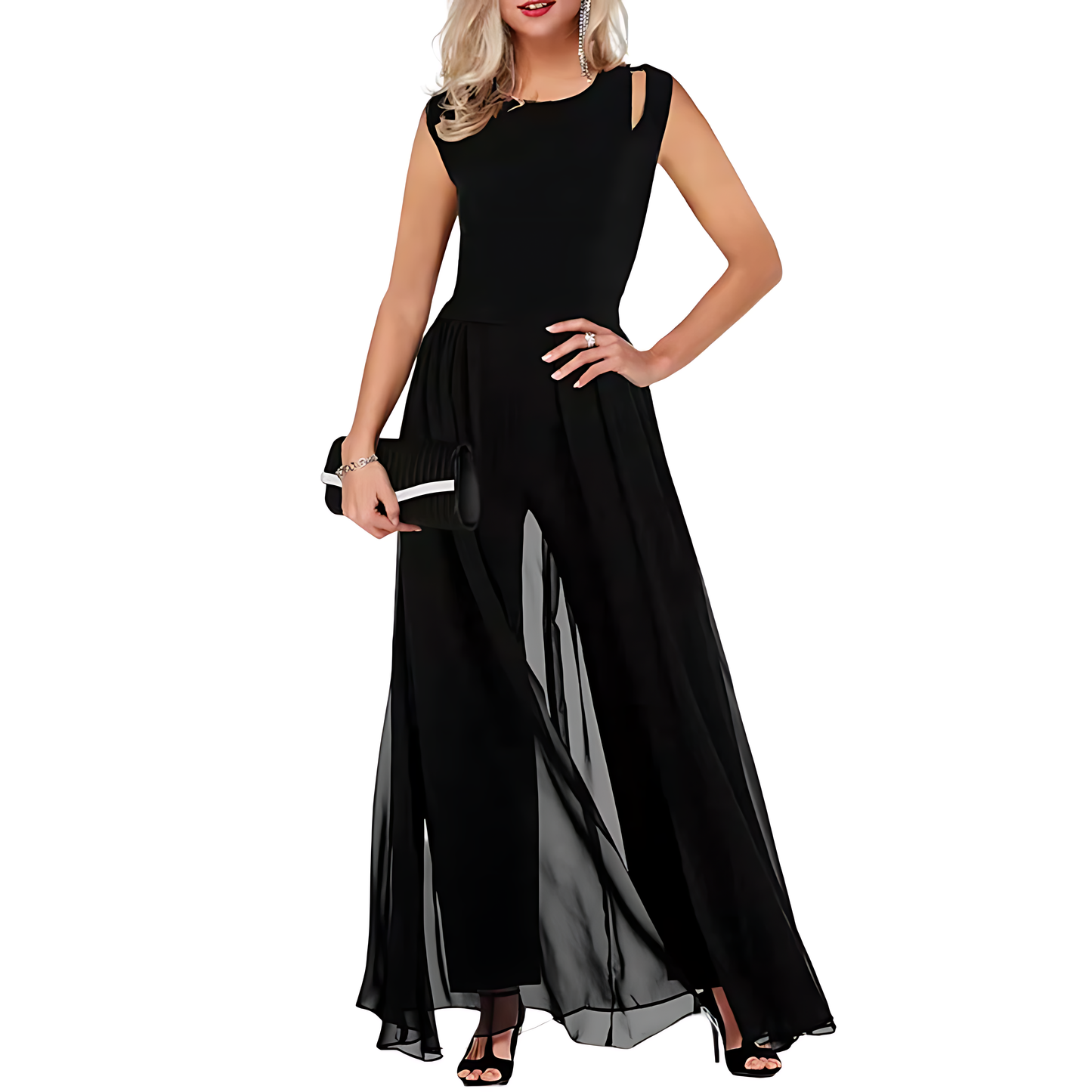 Elegante Zwarte Dames Jumpsuit Met Transparante Broek – Voorjaar, Zomer En Herfst