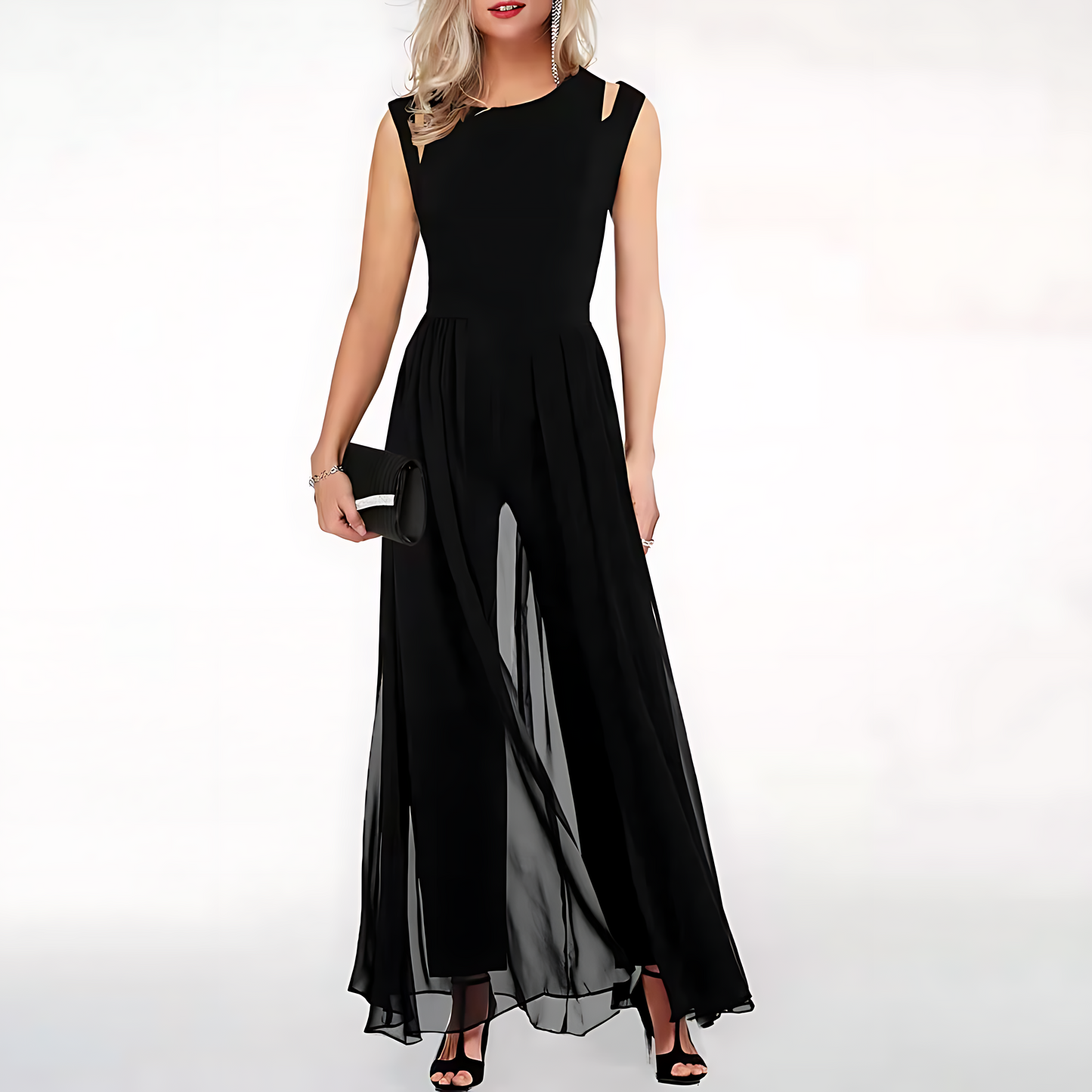 Elegante Zwarte Dames Jumpsuit Met Transparante Broek – Voorjaar, Zomer En Herfst