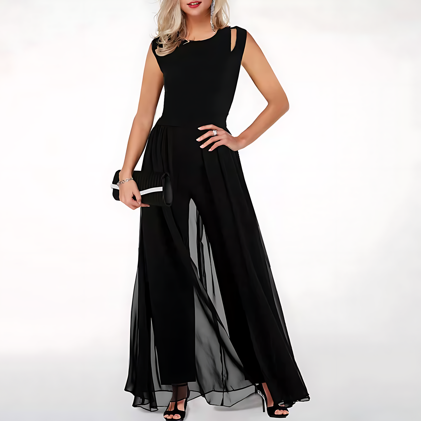 Elegante Zwarte Dames Jumpsuit Met Transparante Broek – Voorjaar, Zomer En Herfst