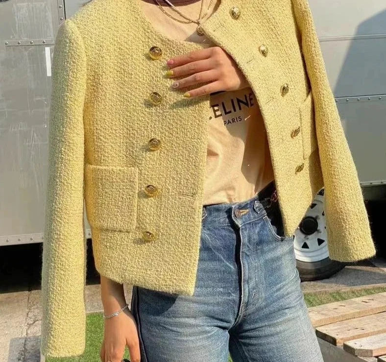 Chique Cropped Damesjasje – Elegant Kort Jasje Met Gouden Knopen En Structuurstof