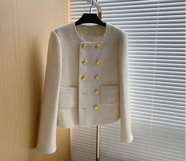 Chique Cropped Damesjasje – Elegant Kort Jasje Met Gouden Knopen En Structuurstof